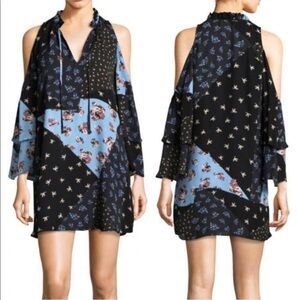 Parker Anastasia Bird Floral Patchwork Cold Shoulder Silk Dress Parker